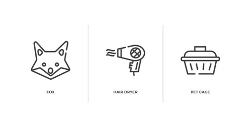 pet grooming outline icons set. thin line icons sheet included fox, hair dryer, pet cage vector.