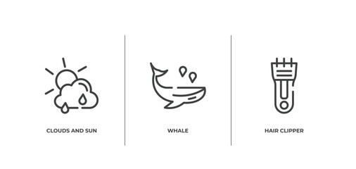 pet grooming outline icons set. thin line icons sheet included clouds and sun, whale, hair clipper vector.