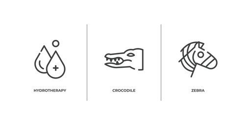 animals outline icons set. thin line icons sheet included hydrotherapy, crocodile, zebra vector.