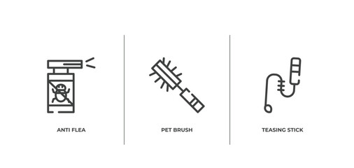 pet grooming outline icons set. thin line icons sheet included anti flea, pet brush, teasing stick vector.