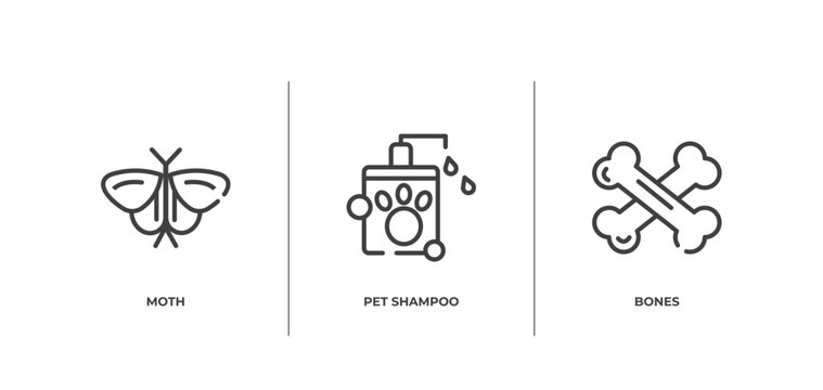 pet grooming outline icons set. thin line icons sheet included moth, pet shampoo, bones vector.