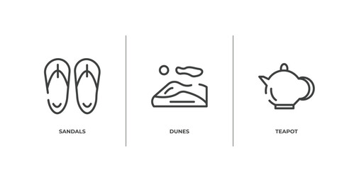 desert outline icons set. thin line icons sheet included sandals, dunes, teapot vector.