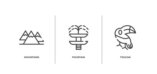 birds outline icons set. thin line icons sheet included mountains, fountain, toucan vector.