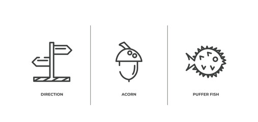 Fototapeta premium wildlife outline icons set. thin line icons sheet included direction, acorn, puffer fish vector.