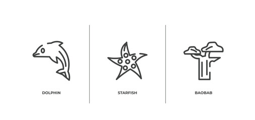 nature outline icons set. thin line icons sheet included dolphin, starfish, baobab vector.