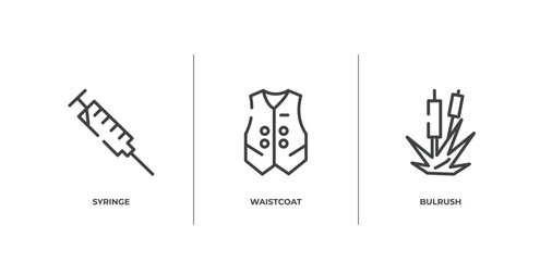 nature outline icons set. thin line icons sheet included syringe, waistcoat, bulrush vector.