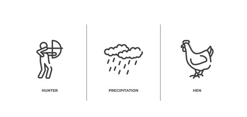 animals outline icons set. thin line icons sheet included hunter, precipitation, hen vector.