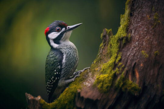 woodpecker with beak on beech trunk, green blurred forest background