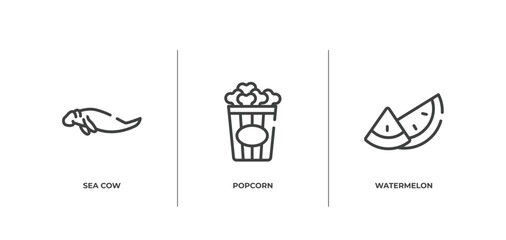 tropical outline icons set. thin line icons sheet included sea cow, popcorn, watermelon vector.