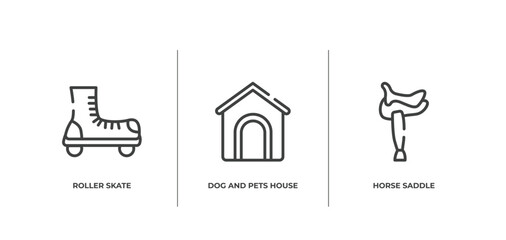 horses outline icons set. thin line icons sheet included roller skate, dog and pets house, horse saddle vector.