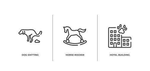 pet hotel outline icons set. thin line icons sheet included dog shitting, horse rocker, hotel building vector.
