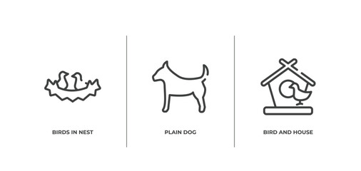 birds pack outline icons set. thin line icons sheet included birds in nest, plain dog, bird and house vector.