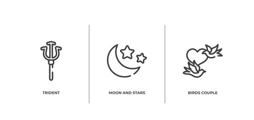 birds pack outline icons set. thin line icons sheet included trident, moon and stars, birds couple vector.