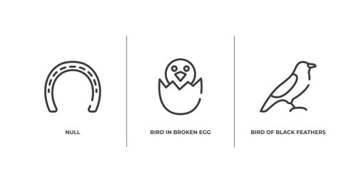 birds pack outline icons set. thin line icons sheet included null, bird in broken egg, bird of black feathers vector.