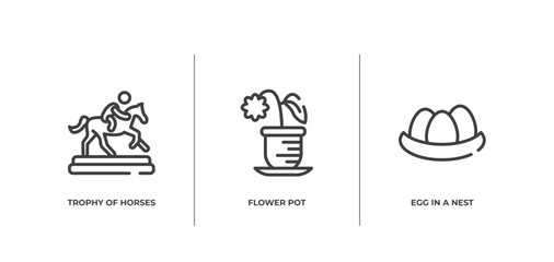 birds pack outline icons set. thin line icons sheet included trophy of horses races, flower pot, egg in a nest vector.