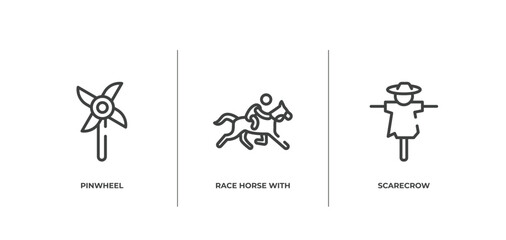halloween outline icons set. thin line icons sheet included pinwheel, race horse with jockey, scarecrow vector.