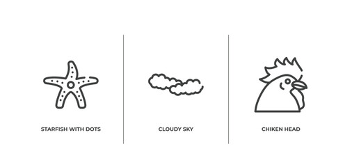 free animals outline icons set. thin line icons sheet included starfish with dots, cloudy sky, chiken head vector.