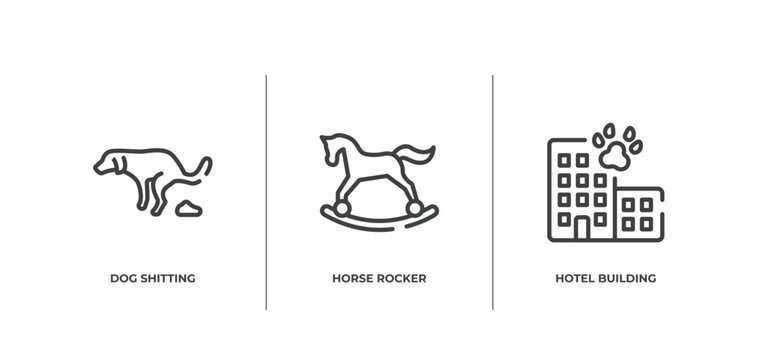 pet hotel outline icons set. thin line icons sheet included dog shitting, horse rocker, hotel building vector.