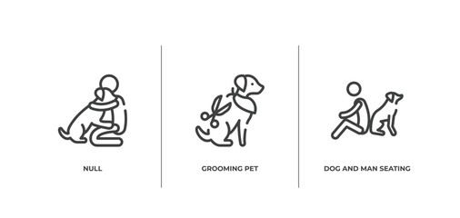 dog and training outline icons set. thin line icons sheet included null, grooming pet, dog and man seating vector.