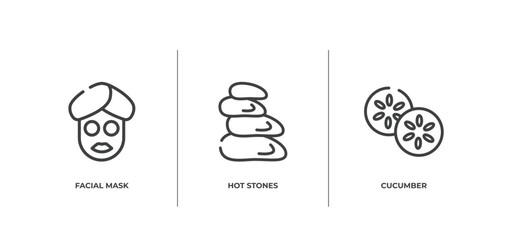 spa and yoga outline icons set. thin line icons sheet included facial mask, hot stones, cucumber vector.