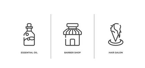 spa outline icons set. thin line icons sheet included essential oil, barber shop, hair salon vector.