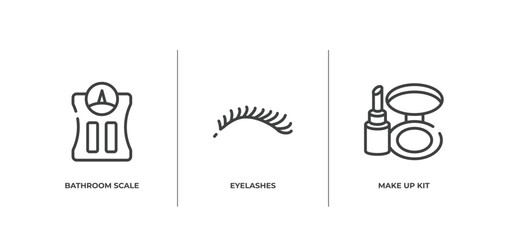 make up outline icons set. thin line icons sheet included bathroom scale, eyelashes, make up kit vector.