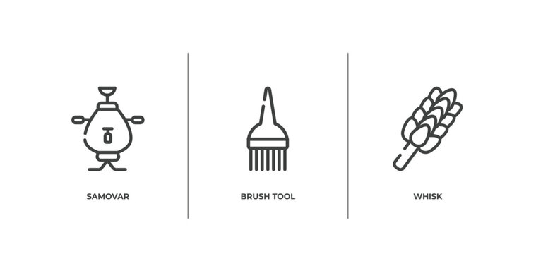 sauna outline icons set. thin line icons sheet included samovar, brush tool, whisk vector.