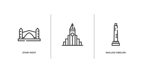 linear monuments outline icons set. thin line icons sheet included stari most, , walled obelisk vector.