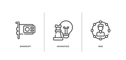 business outline icons set. thin line icons sheet included bankrupt, advantage, rise vector.