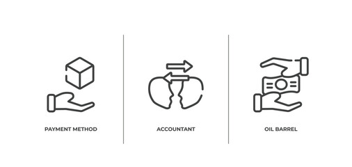 economy outline icons set. thin line icons sheet included payment method, accountant, oil barrel vector.