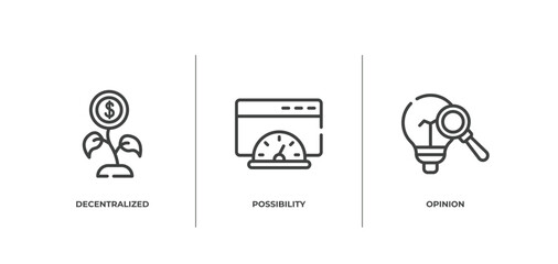 business outline icons set. thin line icons sheet included decentralized, possibility, opinion vector.
