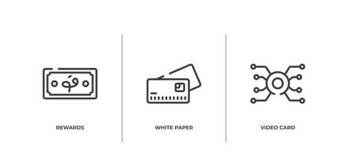 blockchain outline icons set. thin line icons sheet included rewards, white paper, video card vector.