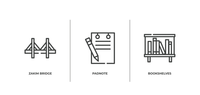 office elements outline icons set. thin line icons sheet included zakim bridge, padnote, bookshelves vector.