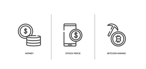 bitcoin outline icons set. thin line icons sheet included money, stock price, bitcoin mining vector.