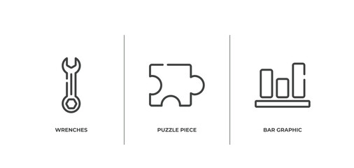 leadership outline icons set. thin line icons sheet included wrenches, puzzle piece, bar graphic vector.
