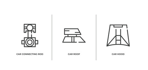car parts outline icons set. thin line icons sheet included car connecting rod, car roof, hood vector.