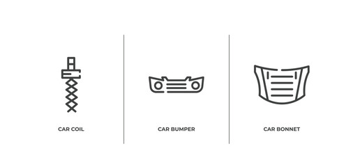 car parts outline icons set. thin line icons sheet included car coil, car bumper, bonnet vector.