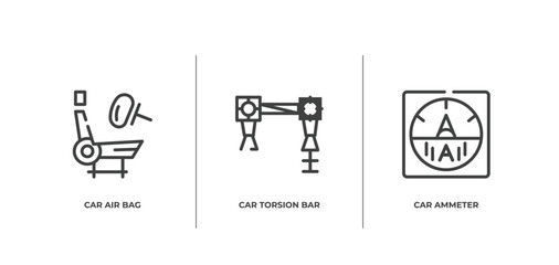 car parts outline icons set. thin line icons sheet included car air bag, car torsion bar, ammeter vector.