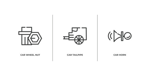 car parts outline icons set. thin line icons sheet included car wheel nut, car tailpipe, horn vector.