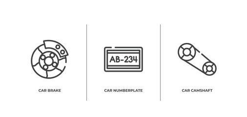 Fototapeta na wymiar car parts outline icons set. thin line icons sheet included car brake, car numberplate, camshaft vector.