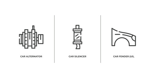 car parts outline icons set. thin line icons sheet included car alternator, car silencer, fender (us, canadian) vector.