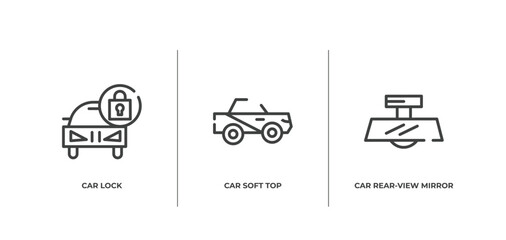 car parts outline icons set. thin line icons sheet included car lock, car soft top, rear-view mirror vector.