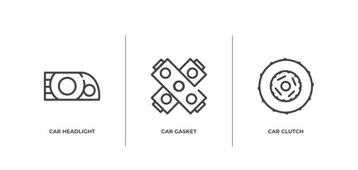 Fototapeta na wymiar car parts outline icons set. thin line icons sheet included car headlight, car gasket, clutch vector.