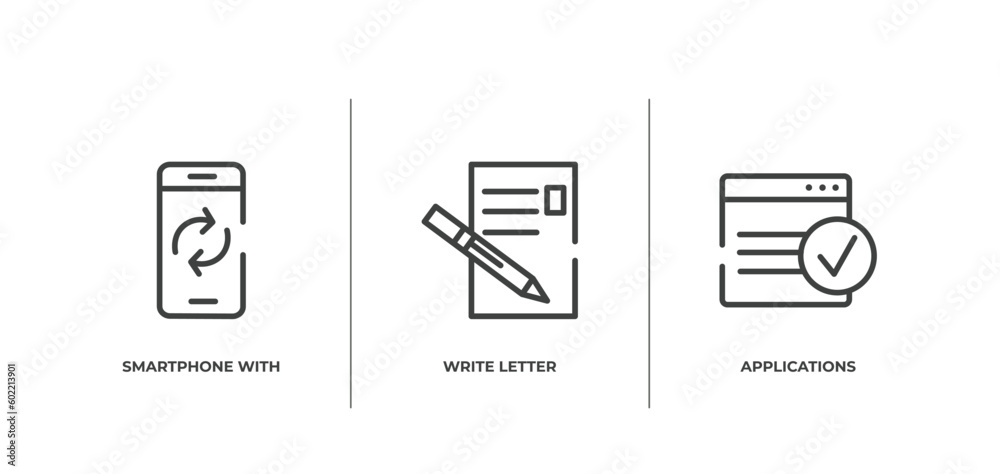 Poster smartphone applications outline icons set. thin line icons sheet included smartphone with reload arr