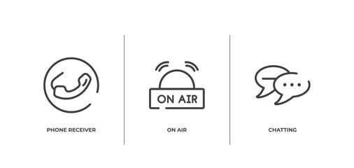 communication and media outline icons set. thin line icons sheet included phone receiver, on air, chatting vector.