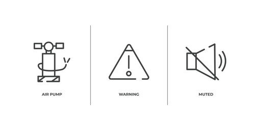 mobile interface outline icons set. thin line icons sheet included air pump, warning, muted vector.