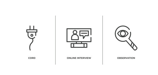 marketing outline icons set. thin line icons sheet included cord, online interview, observation vector.