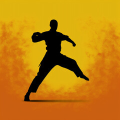 Fototapeta na wymiar Silhouette of a man showing martial arts, kung fu exercise, Created using generative AI tools.