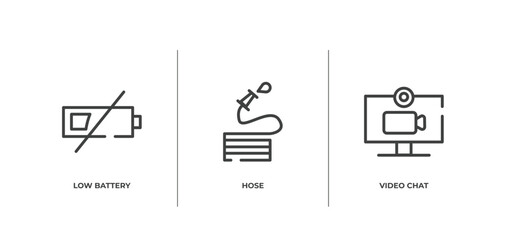 dialogue assets outline icons set. thin line icons sheet included low battery, hose, video chat vector.