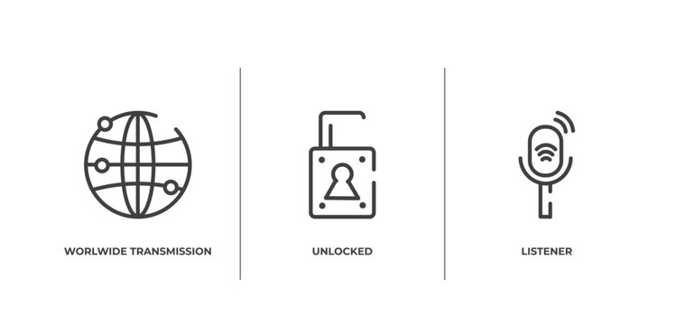 radio outline icons set. thin line icons sheet included worlwide transmission, unlocked, listener vector.